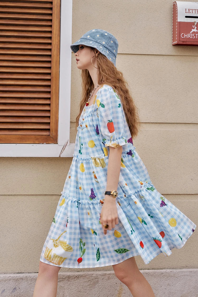 Fruit Print Square Collar Checkered Bubble Sleeve Chic Dress