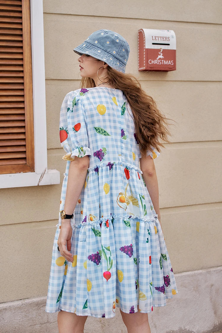 Fruit Print Square Collar Checkered Bubble Sleeve Chic Dress