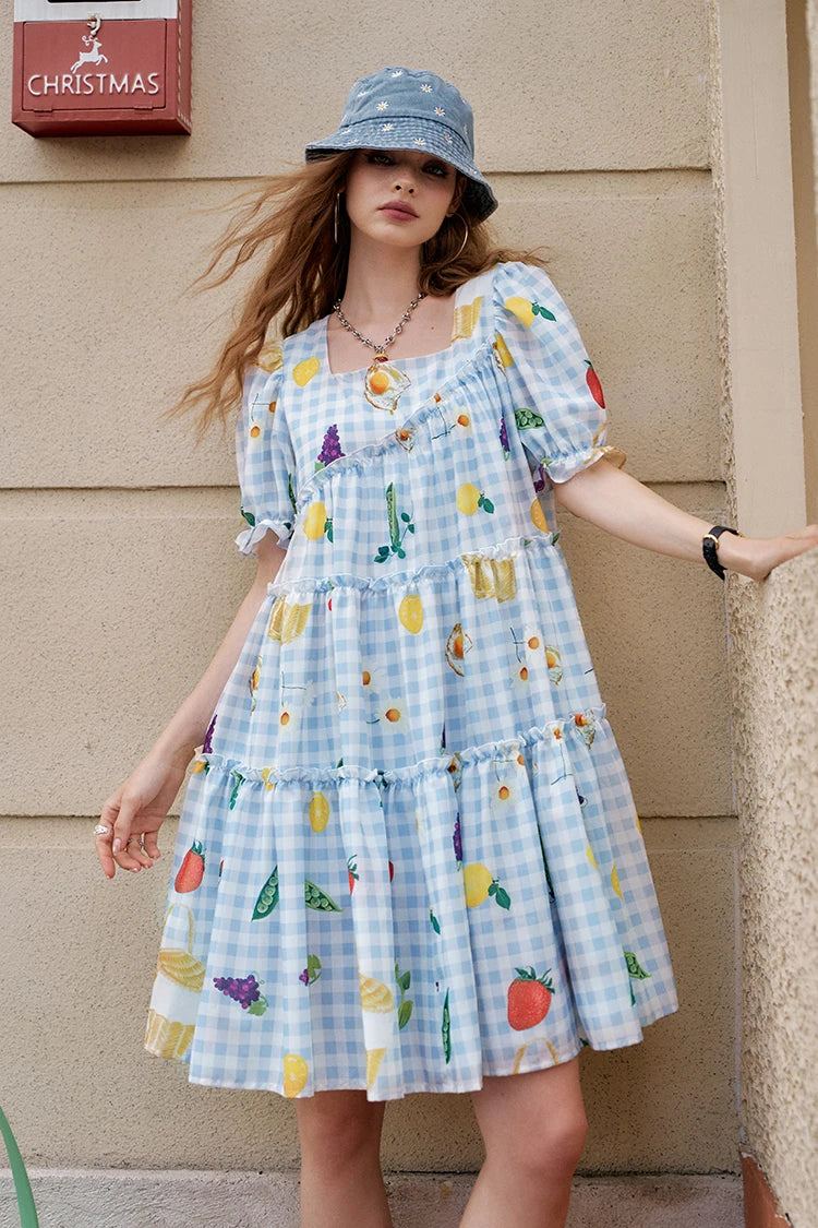 Fruit Print Square Collar Checkered Bubble Sleeve Chic Dress