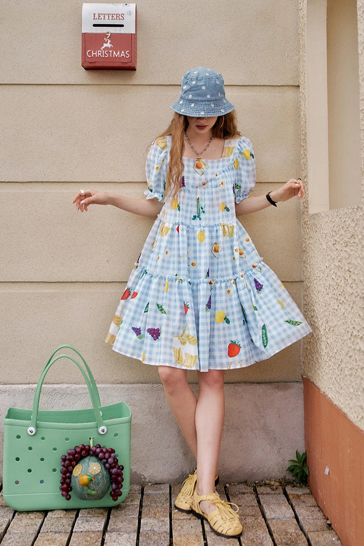 Fruit Print Square Collar Checkered Bubble Sleeve Chic Dress