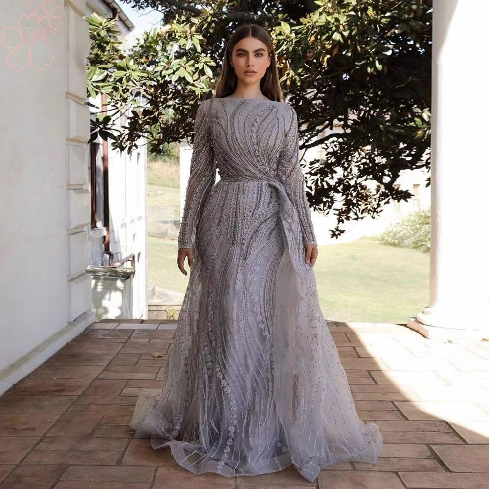Full Lace Mermaid Boat Neck Crystal Handmade Evening Dresses
