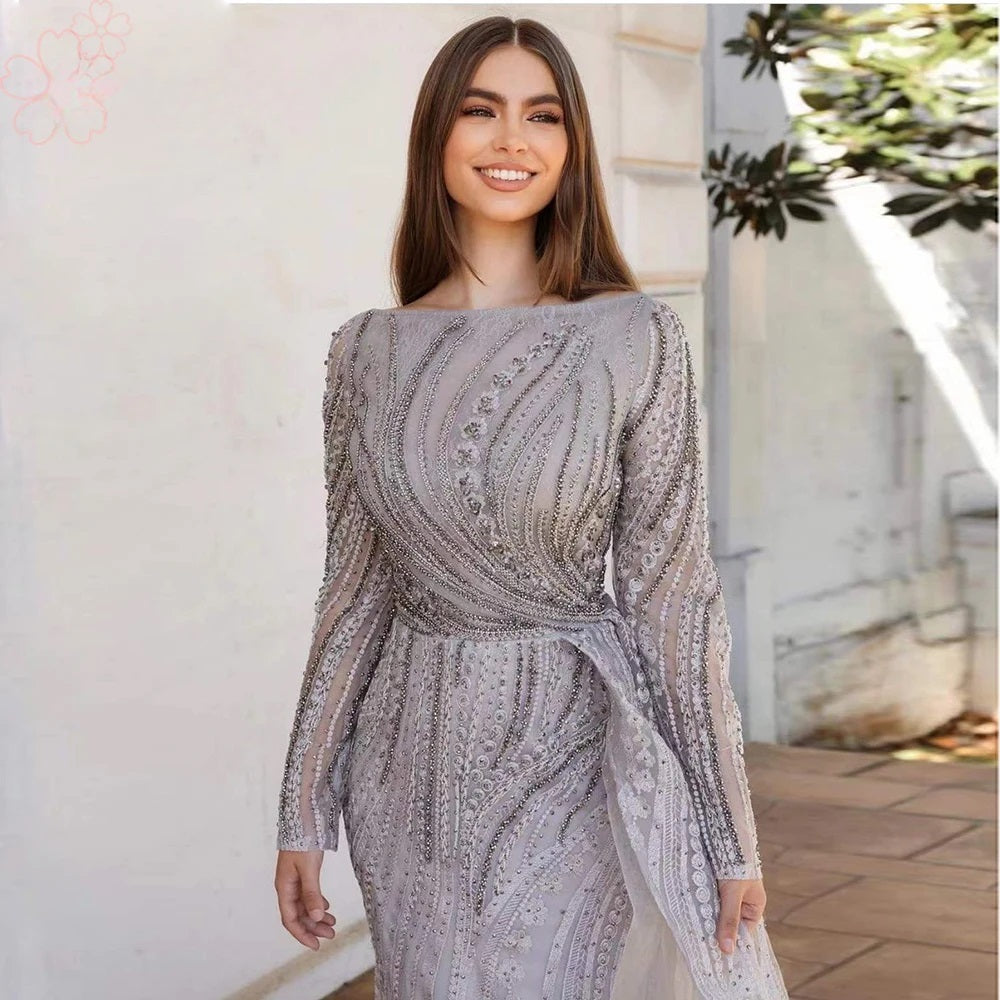 Full Lace Mermaid Boat Neck Crystal Handmade Evening Dresses