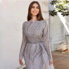 Full Lace Mermaid Boat Neck Crystal Handmade Evening Dresses