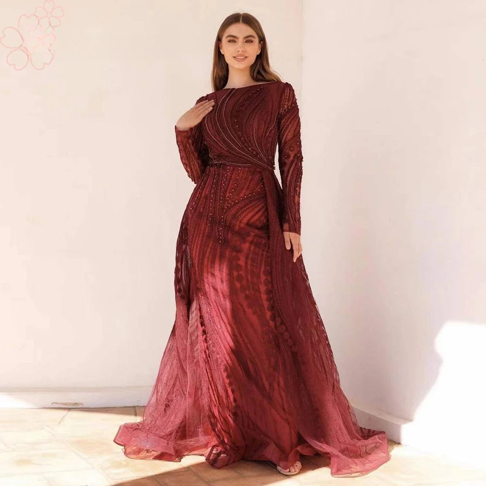 Full Lace Mermaid Boat Neck Crystal Handmade Evening Dresses