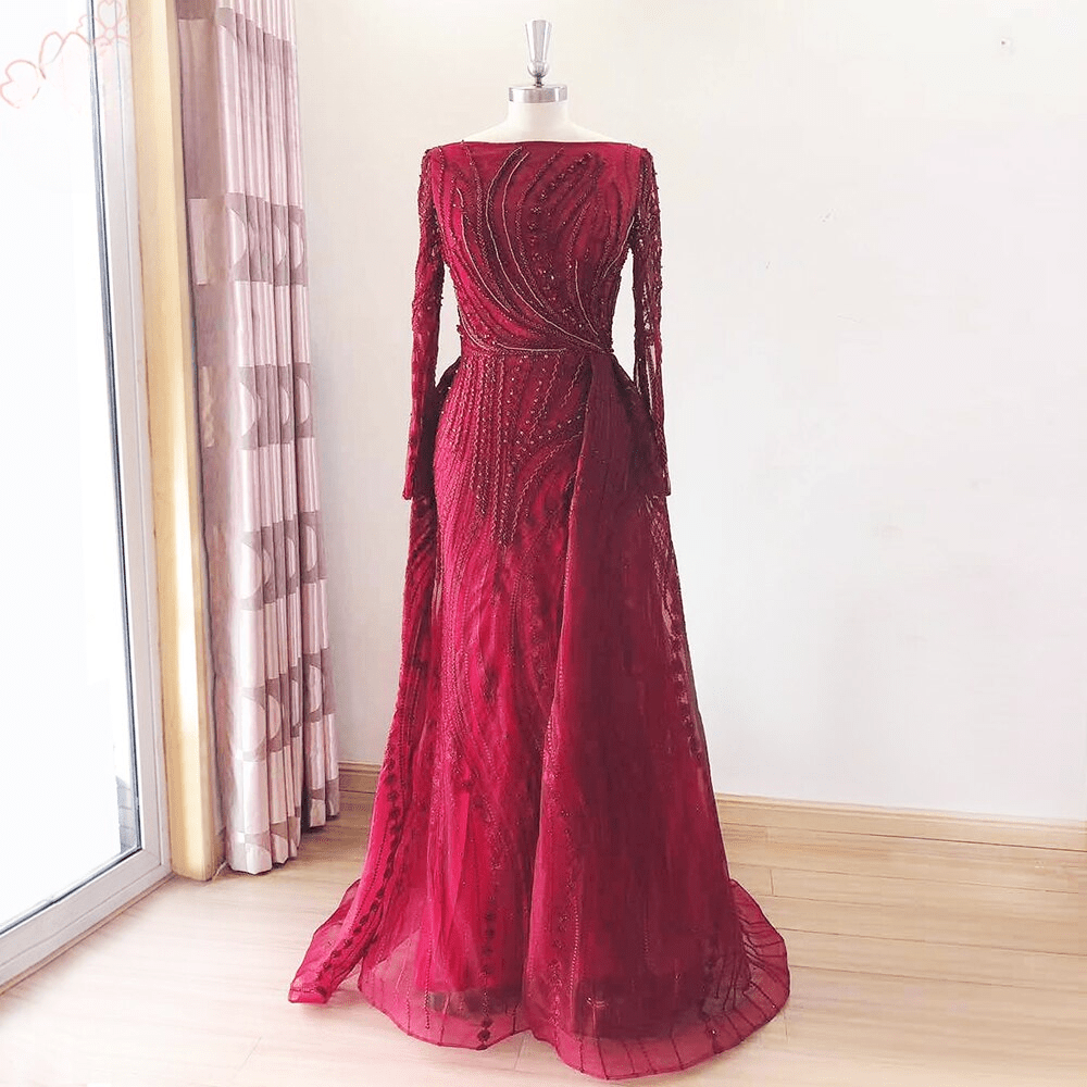 Full Lace Mermaid Boat Neck Crystal Handmade Evening Dresses
