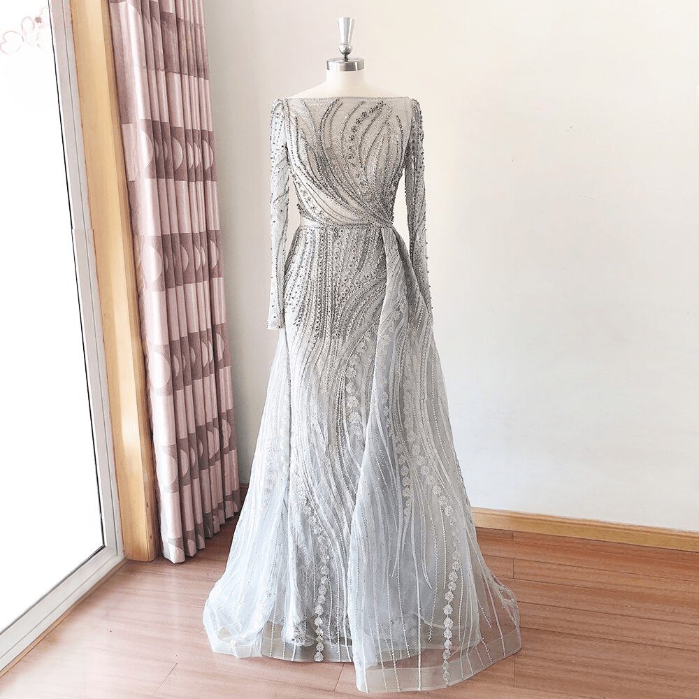 Full Lace Mermaid Boat Neck Crystal Handmade Evening Dresses