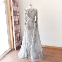 Full Lace Mermaid Boat Neck Crystal Handmade Evening Dresses
