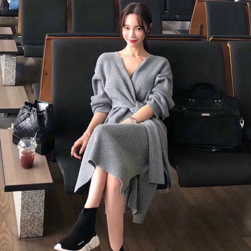 Full Sleeve Slim Waist Side Split V-neck Lace Up Sweater Dress