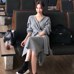 Full Sleeve Slim Waist Side Split V-neck Lace Up Sweater Dress