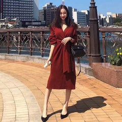 Full Sleeve Slim Waist Side Split V-neck Lace Up Sweater Dress