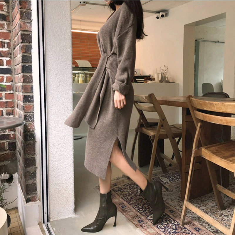 Full Sleeve Slim Waist Side Split V-neck Lace Up Sweater Dress