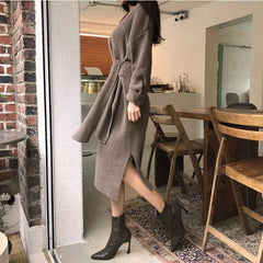 Full Sleeve Slim Waist Side Split V-neck Lace Up Sweater Dress
