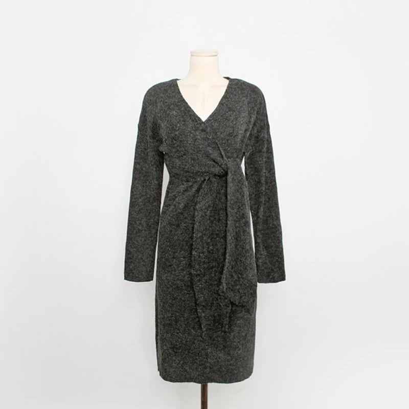 Full Sleeve Slim Waist Side Split V-neck Lace Up Sweater Dress
