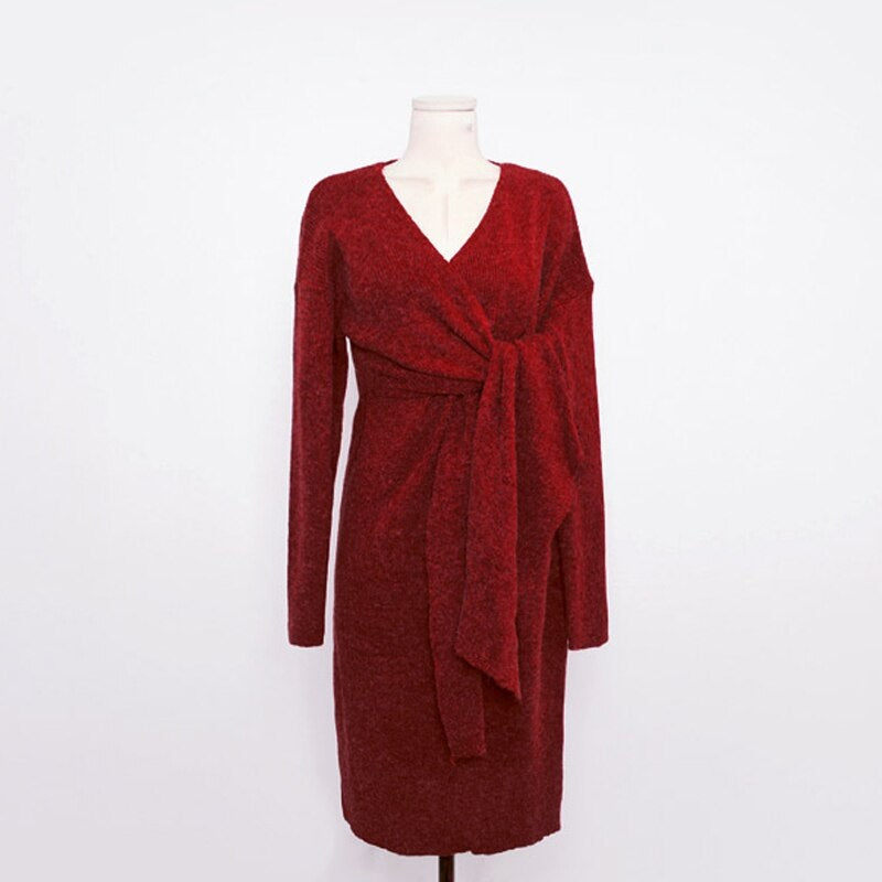 Full Sleeve Slim Waist Side Split V-neck Lace Up Sweater Dress