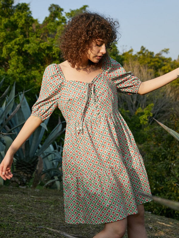 Geo Print Puff Sleeve Square Collar Knot Western Retro Dress