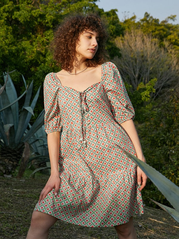 Geo Print Puff Sleeve Square Collar Knot Western Retro Dress