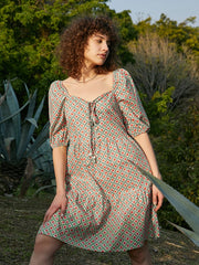 Geo Print Puff Sleeve Square Collar Knot Western Retro Dress