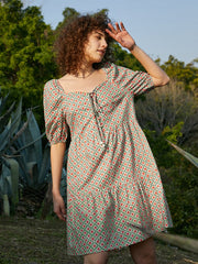 Geo Print Puff Sleeve Square Collar Knot Western Retro Dress
