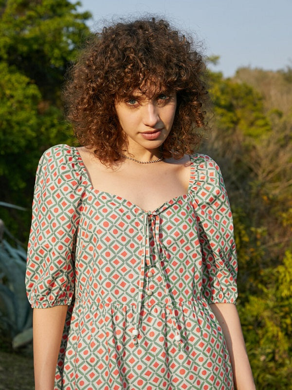 Geo Print Puff Sleeve Square Collar Knot Western Retro Dress