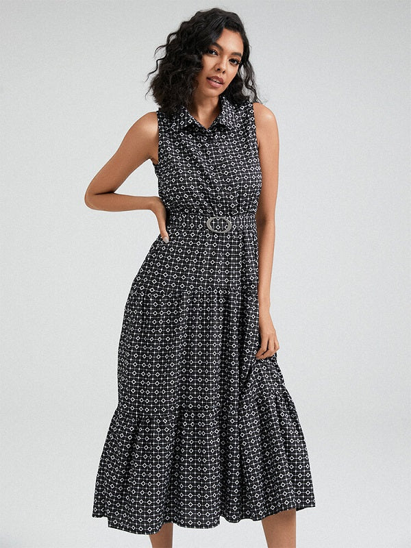 Geo Print Tie Shoulder Strap Open Back Midi Dress