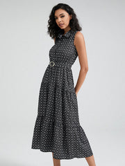 Geo Print Tie Shoulder Strap Open Back Midi Dress