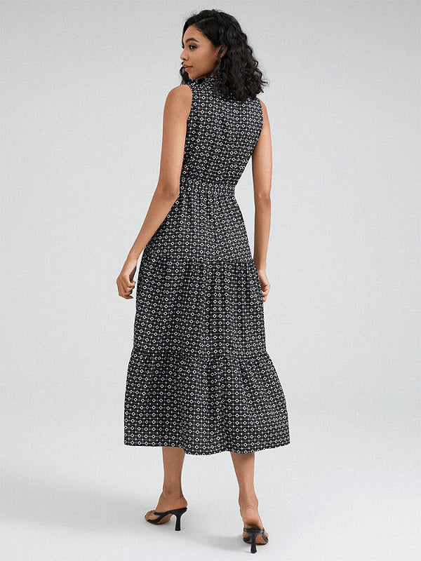 Geo Print Tie Shoulder Strap Open Back Midi Dress