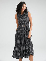 Geo Print Tie Shoulder Strap Open Back Midi Dress