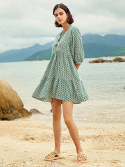 Geo Print V-neck Tie Front Half Sleeve Dress