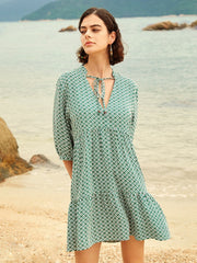 Geo Print V-neck Tie Front Half Sleeve Dress