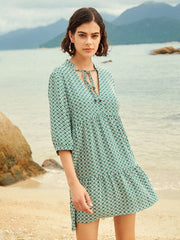 Geo Print V-neck Tie Front Half Sleeve Dress
