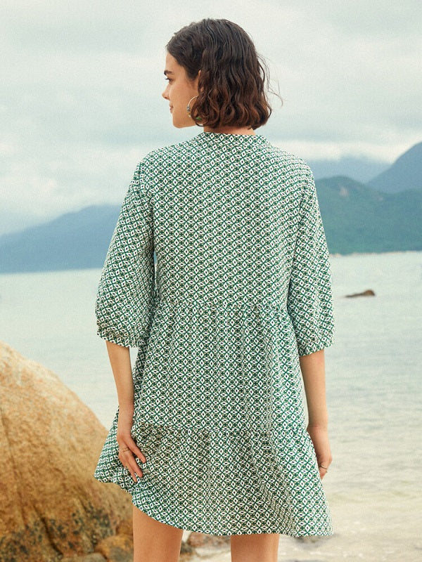 Geo Print V-neck Tie Front Half Sleeve Dress