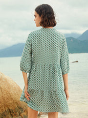 Geo Print V-neck Tie Front Half Sleeve Dress
