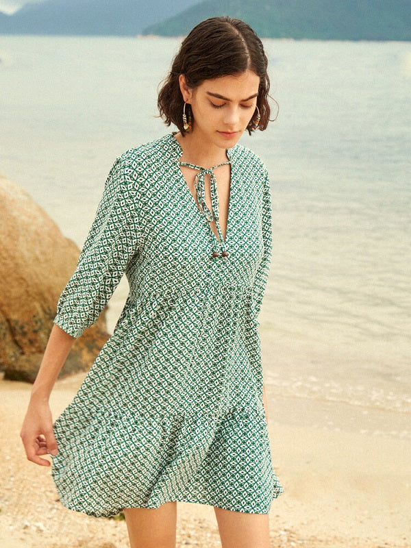 Geo Print V-neck Tie Front Half Sleeve Dress