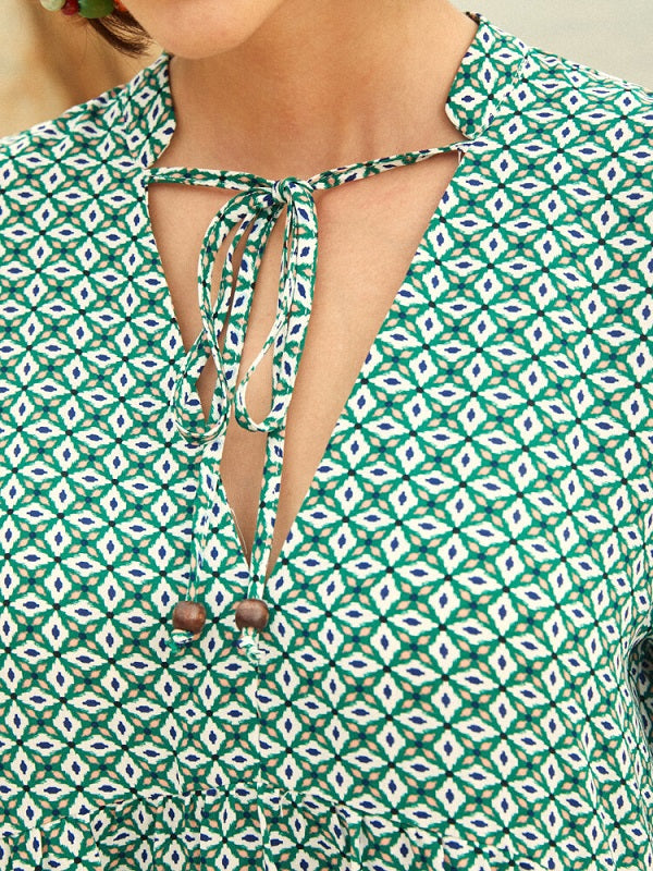 Geo Print V-neck Tie Front Half Sleeve Dress