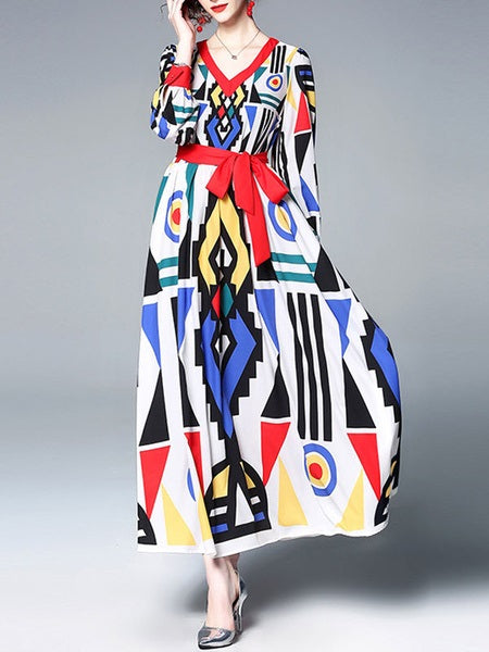 Geometric Print V Neck Party Maxi Dress