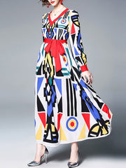 Geometric Print V Neck Party Maxi Dress