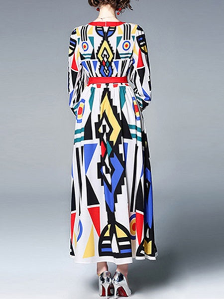 Geometric Print V Neck Party Maxi Dress