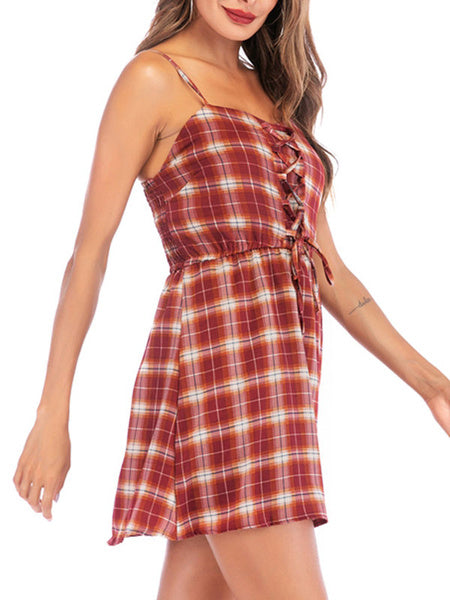 Gingham Plaid Lace Up Women Beach Dress