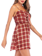 Gingham Plaid Lace Up Women Beach Dress
