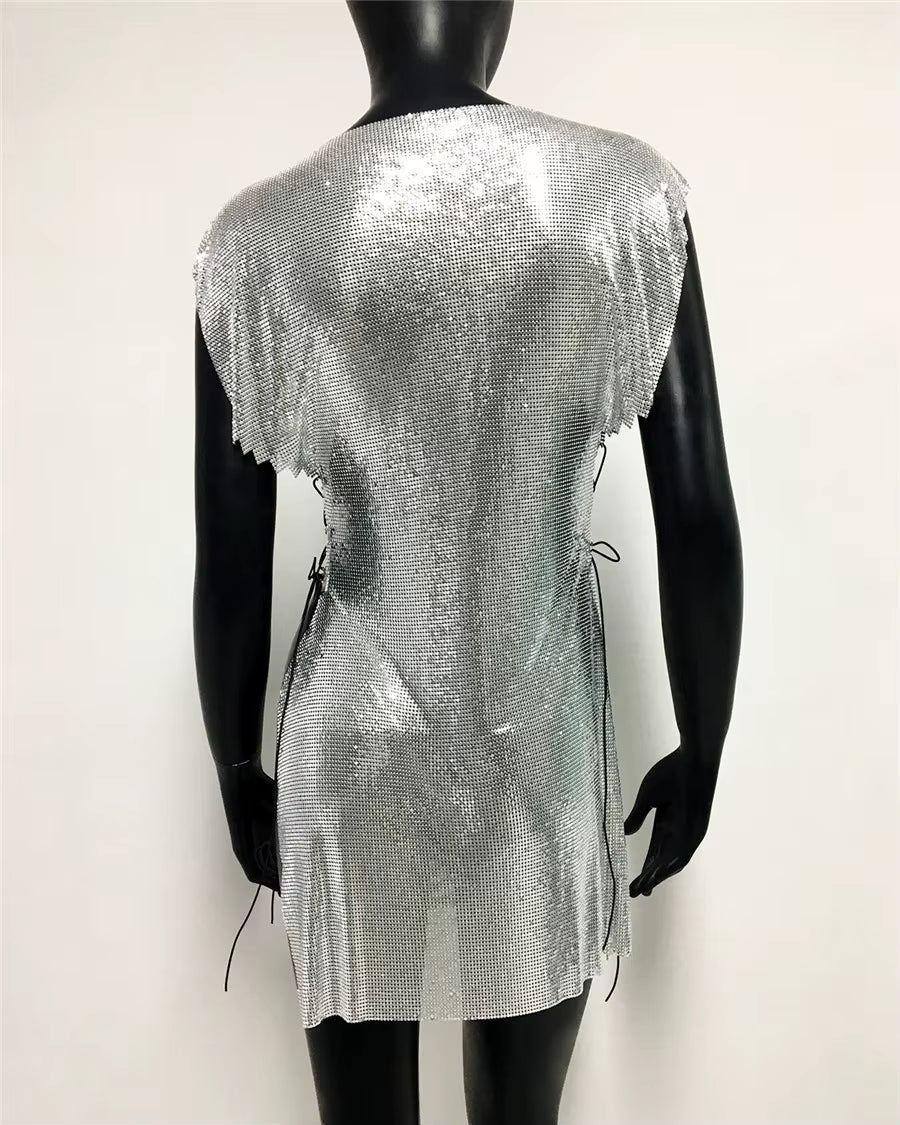 Glitter Metal Sequins Round Neck Sleeveless Side Split Bandage Mini Dress