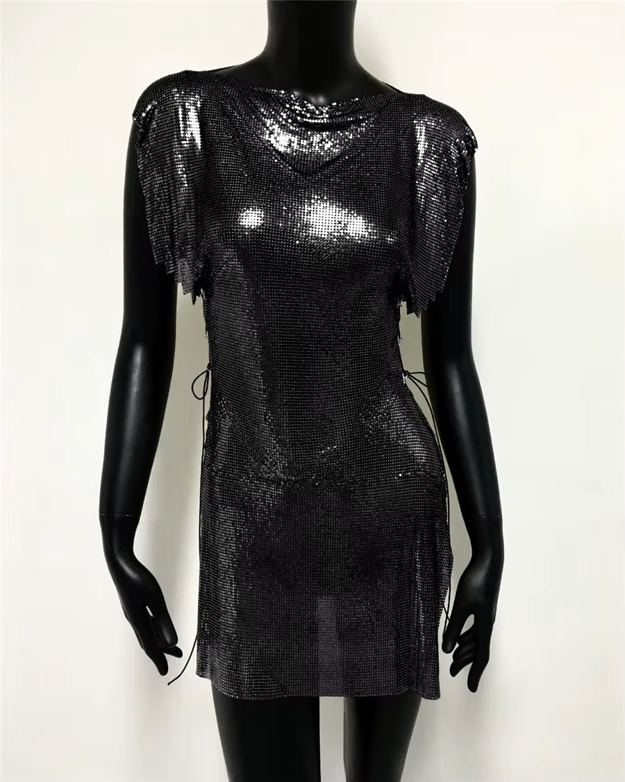 Glitter Metal Sequins Round Neck Sleeveless Side Split Bandage Mini Dress