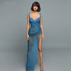Glitter Sweetheart Long Mermaid Side Split Cocktail Evening Dress