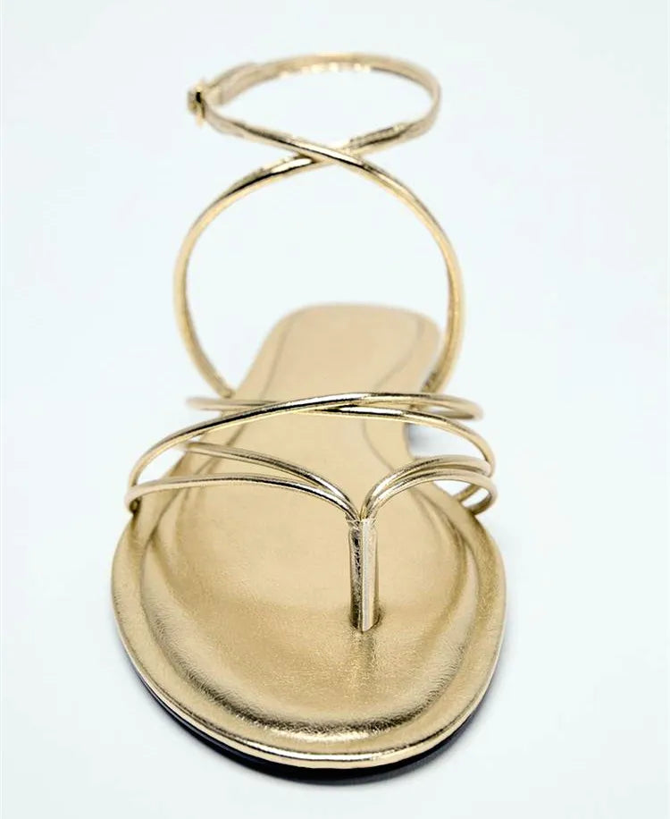 Gold Narrow Strap Cross Strap Design Flat Sandals Flip Flops Elegant Ankle Strap Dress Shoes