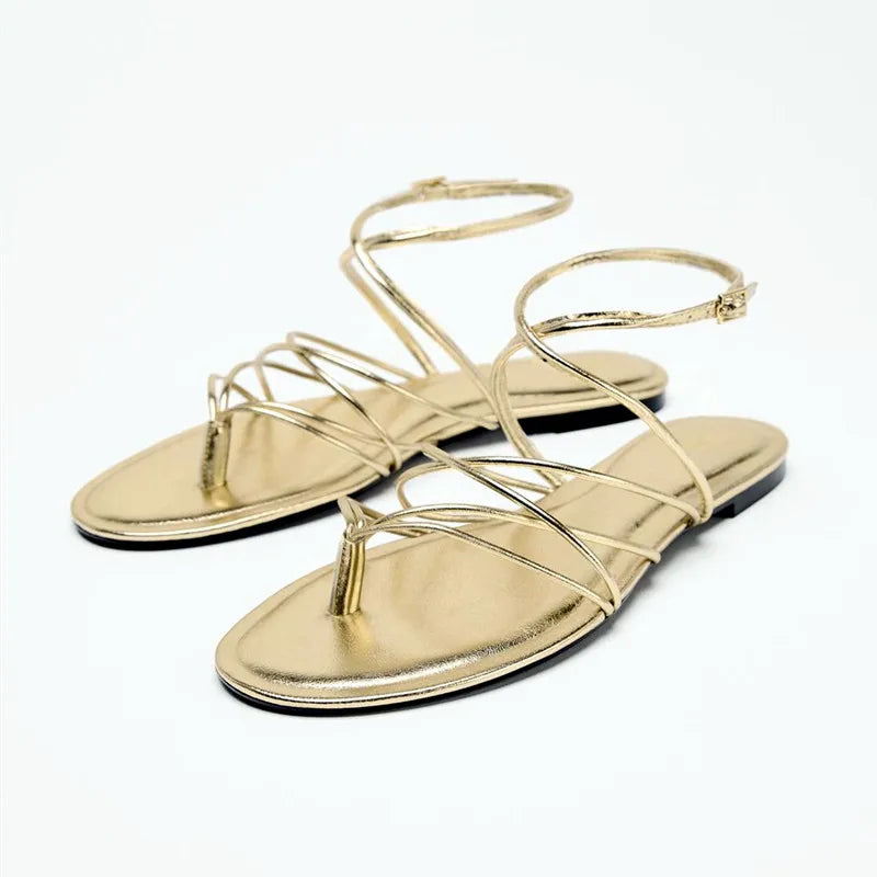 Gold Narrow Strap Cross Strap Design Flat Sandals Flip Flops Elegant Ankle Strap Dress Shoes