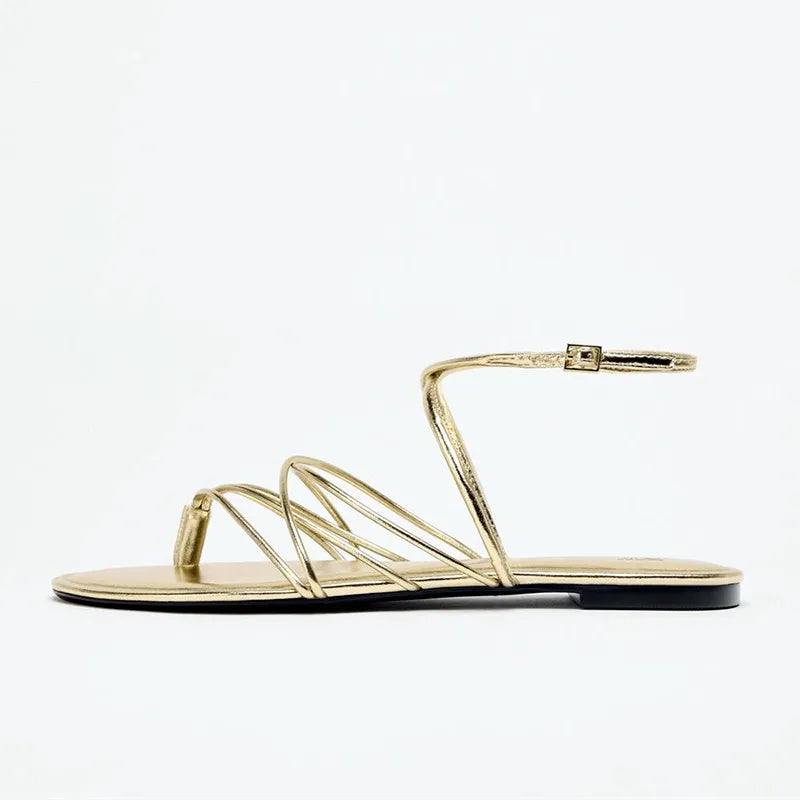 Gold Narrow Strap Cross Strap Design Flat Sandals Flip Flops Elegant Ankle Strap Dress Shoes