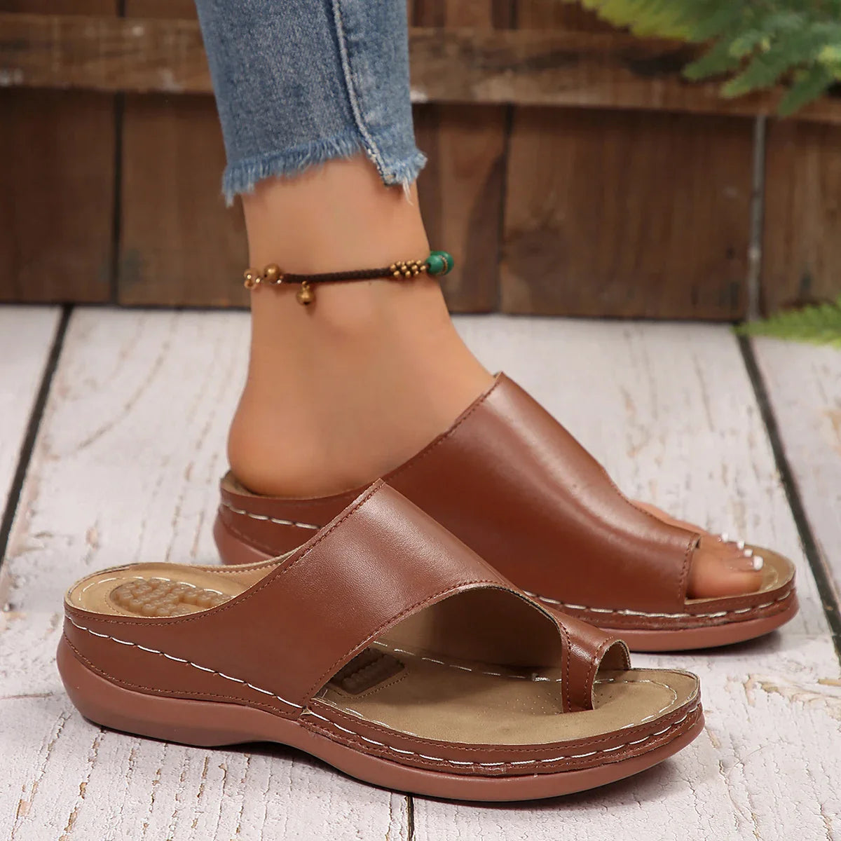 Gold Slip Toe Soft Sole Sandals Comfortable Platform Casual Slides Pu Leather Plus Size Flat Slippers