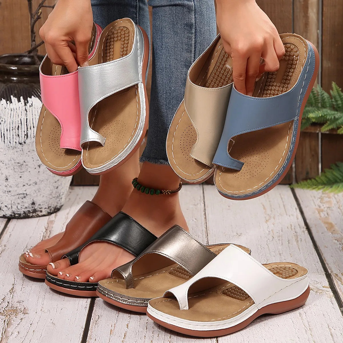 Gold Slip Toe Soft Sole Sandals Comfortable Platform Casual Slides Pu Leather Plus Size Flat Slippers