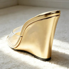 Gold Wedges Sandals for Transparent PVC Slide Sandals Elegant Round-toe Clip Toe Designer Shoes