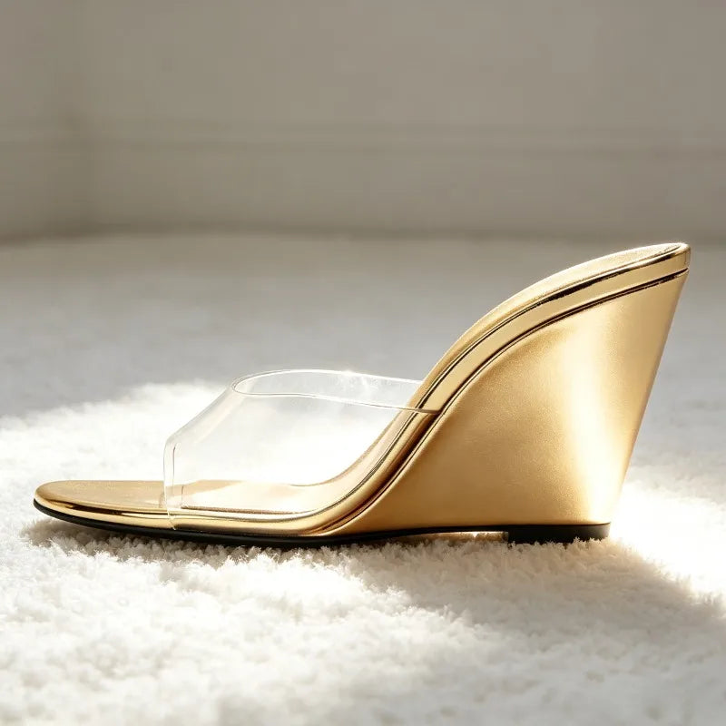 Gold Wedges Sandals for Transparent PVC Slide Sandals Elegant Round-toe Clip Toe Designer Shoes