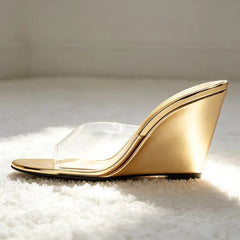 Gold Wedges Sandals for Transparent PVC Slide Sandals Elegant Round-toe Clip Toe Designer Shoes